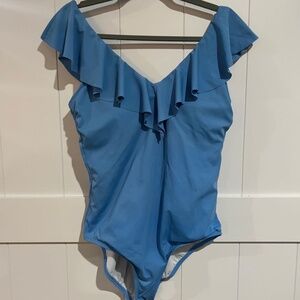 Women's Size 16 Bal Harbour V-Neck Ruffled One-Piece Swimsuit Soft Blue